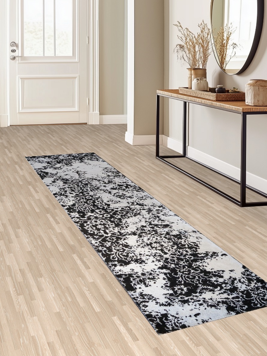 Contemporary Black and Grey Wool and Silk Runner with Modern Abstract Design 3x10 ft
