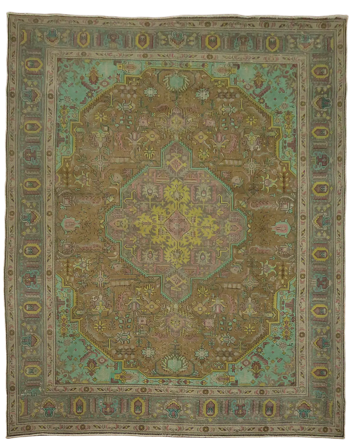 Vintage Teal and Brown Persian Tabriz Large Rug 10x13 ft