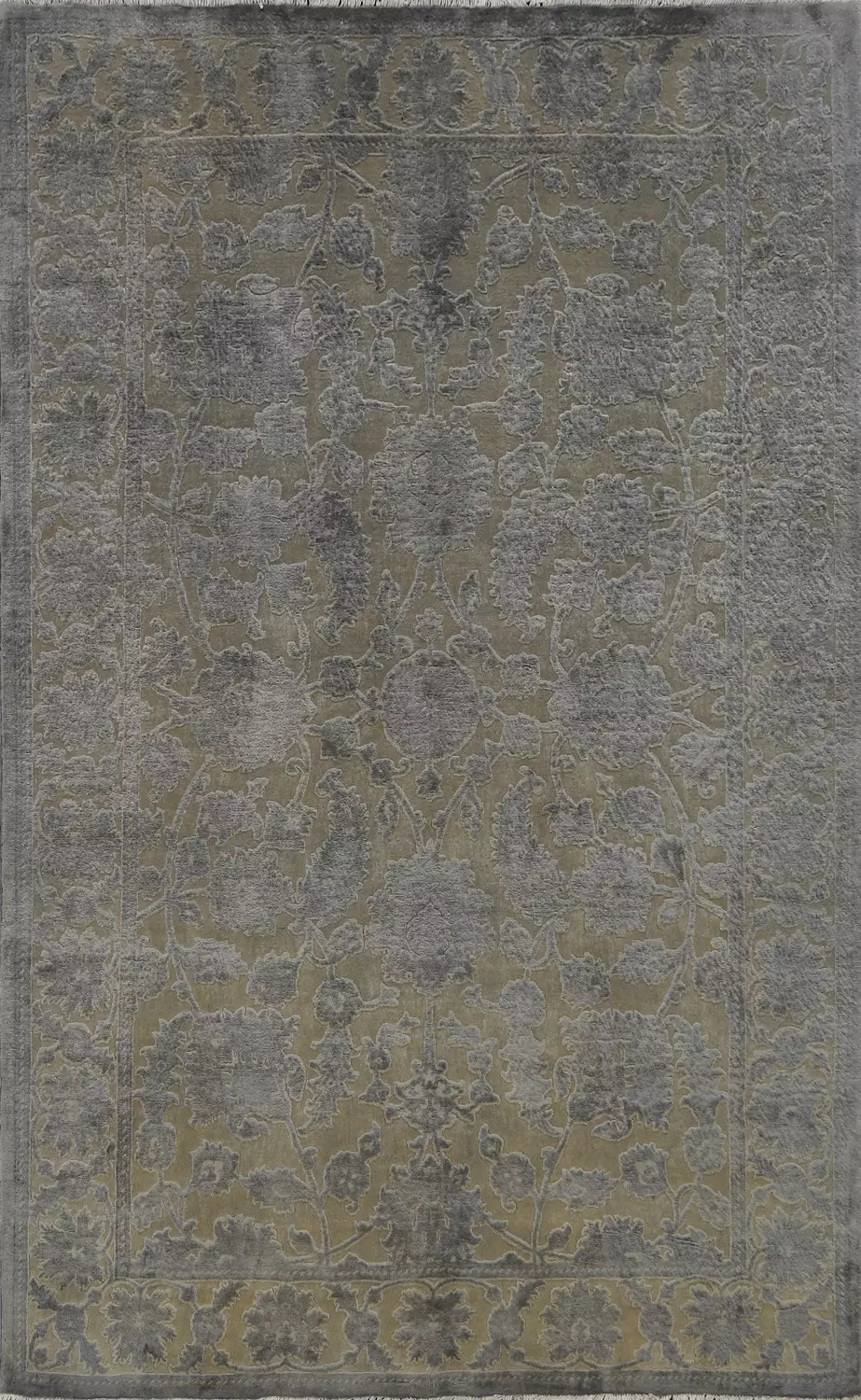 Silver Gray and Green Carved Floral Hand-made Rug 6x9