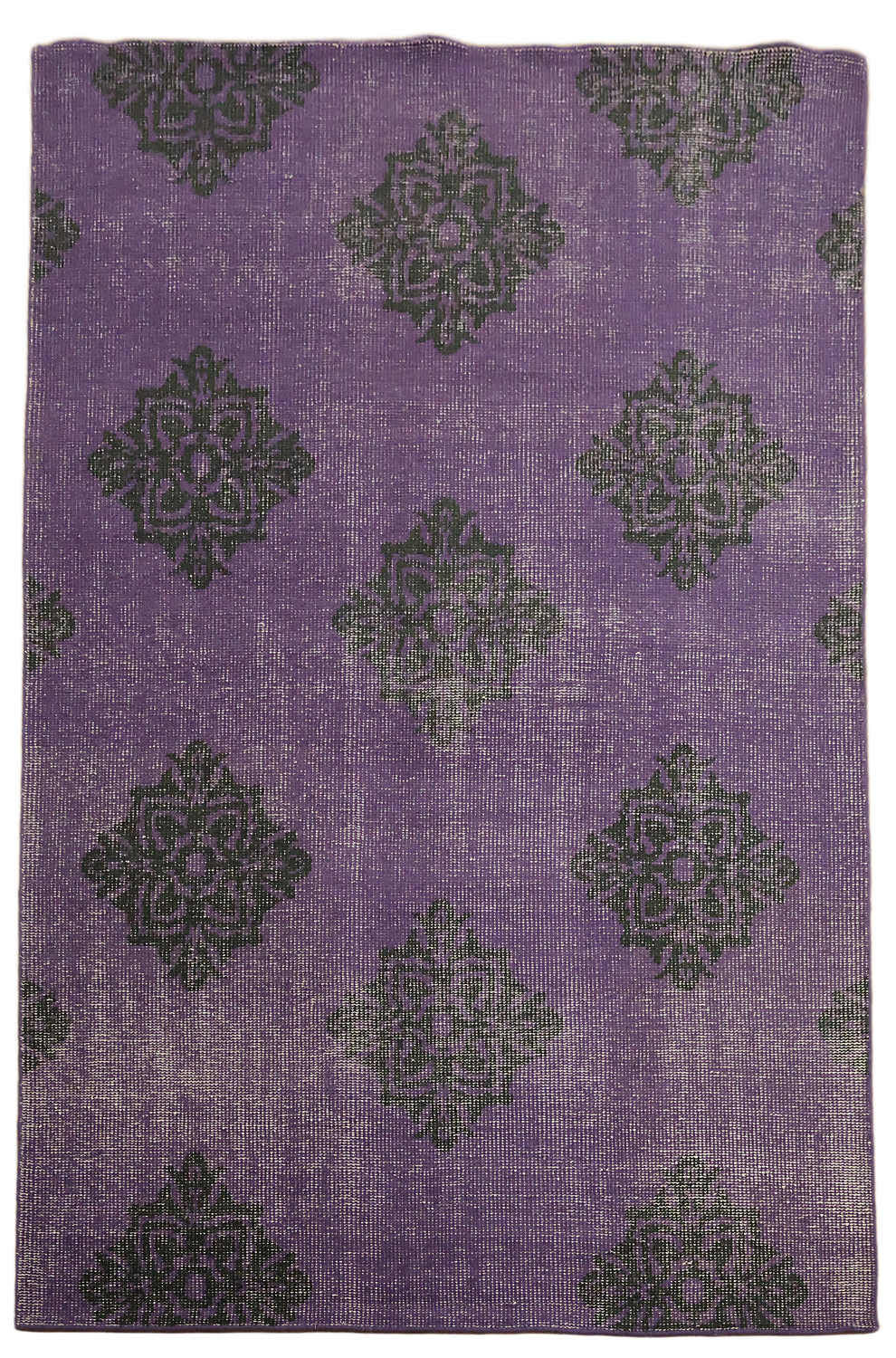 Vintage Look Distressed Purple Rug with Elegant Black Damask