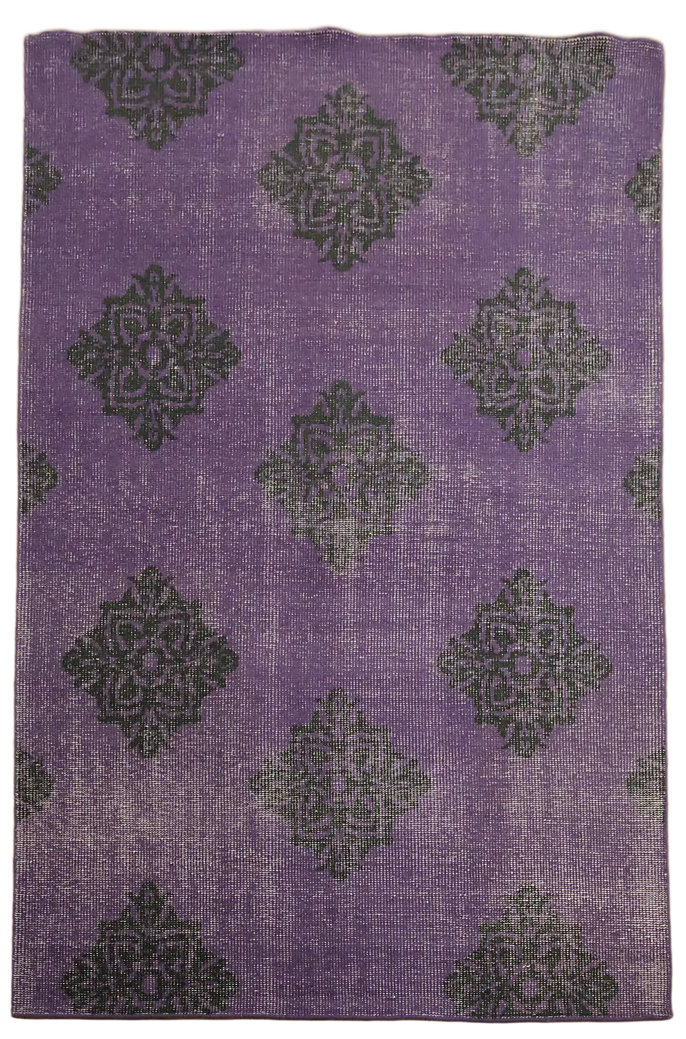 Vintage Look Distressed Purple Rug with Elegant Black Damask Motifs 6x9
