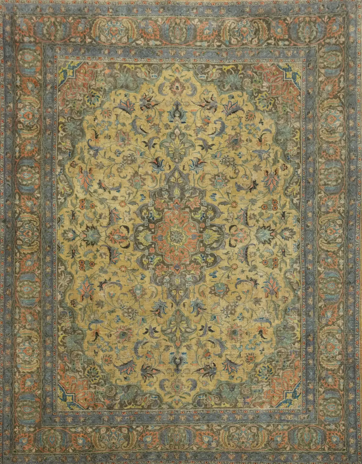 Large 10x12 Distressed Persian Rug - Traditional Floral Kashan - Yellow & Gold