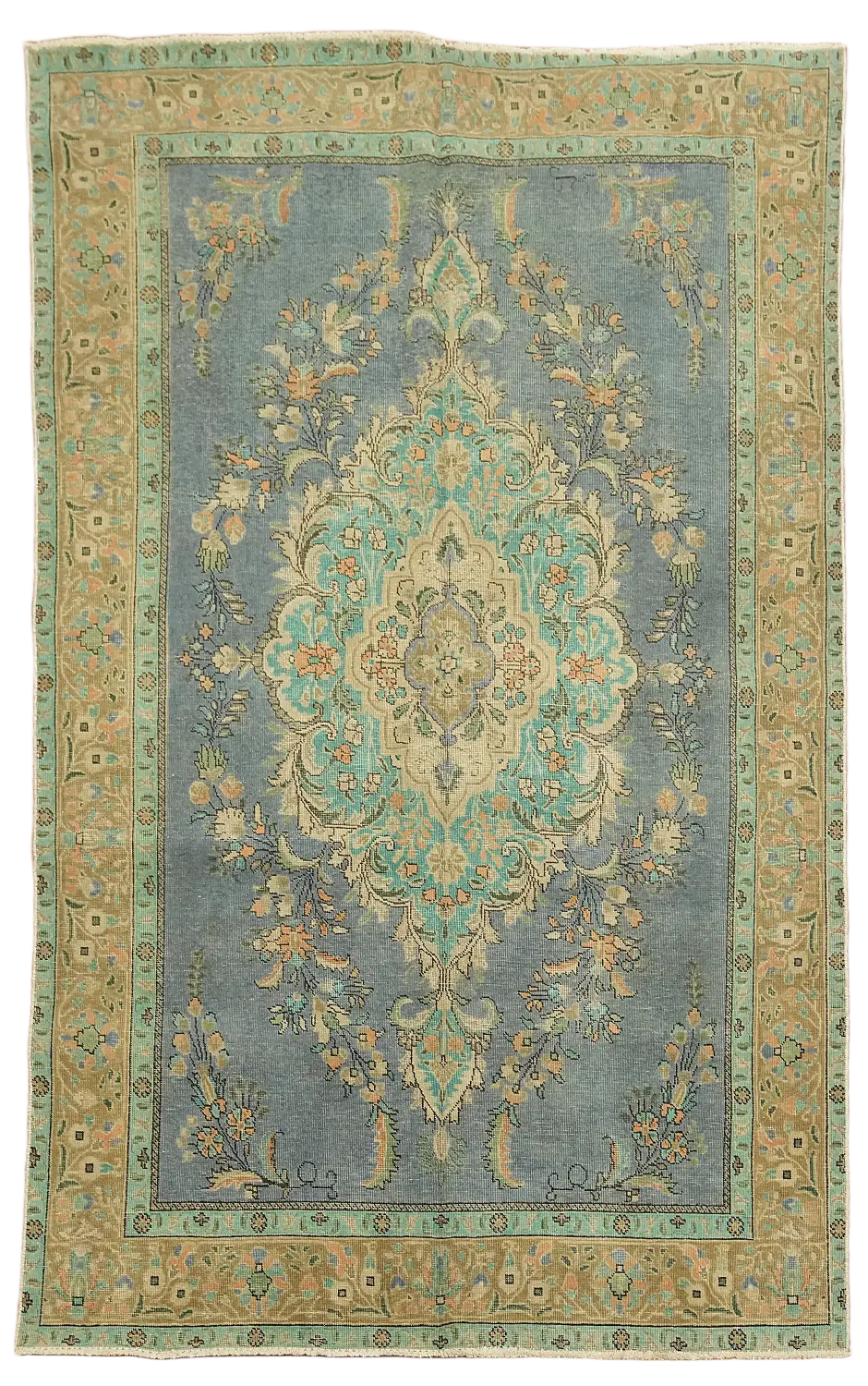 Vintage Distressed Blue and Green Floral Persian Area Rug 6'x10'