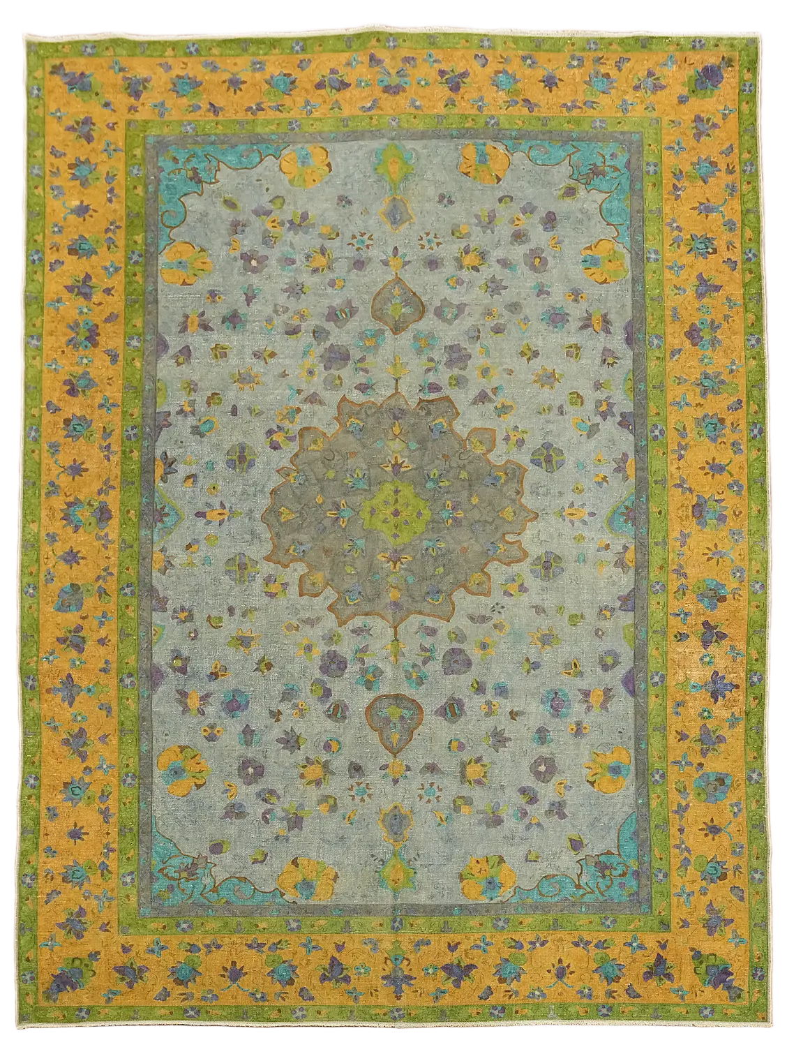 Vintage Distressed Grey and Yellow Kashan Persian Area Rug 10x13