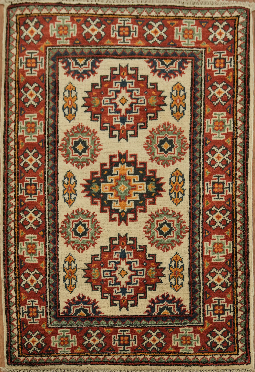 Traditional Geometric Pattern Kazak Rug with Vibrant Earth Tones 2x3