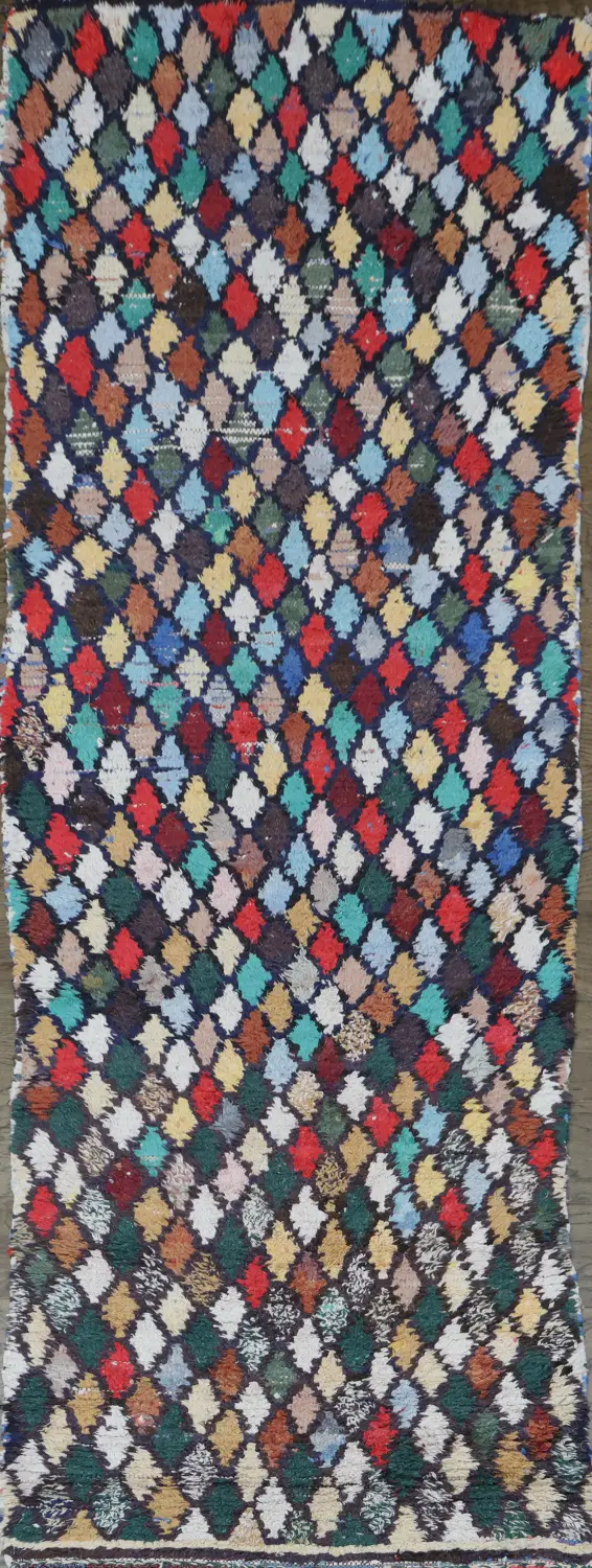 Vibrant Multicolor Diamond Pattern Vintage Moroccan Wool Rug 3x8