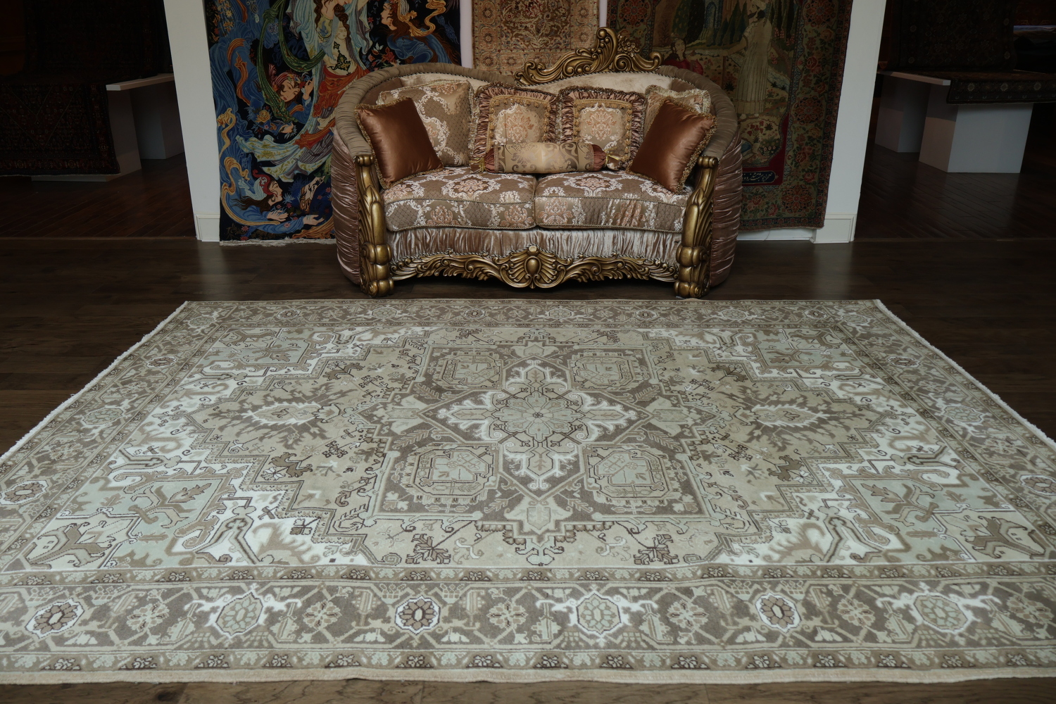 Geometric Muted Color Vintage Heriz Persian Wool Rug 8x11