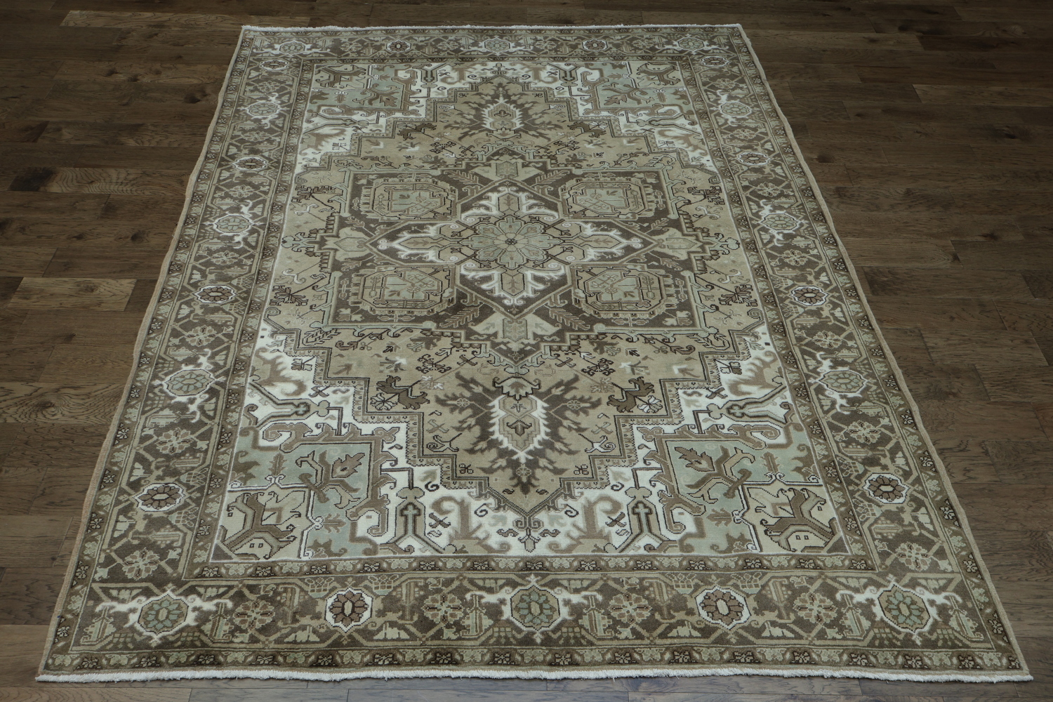 Geometric Muted Color Vintage Heriz Persian Wool Rug 8x11