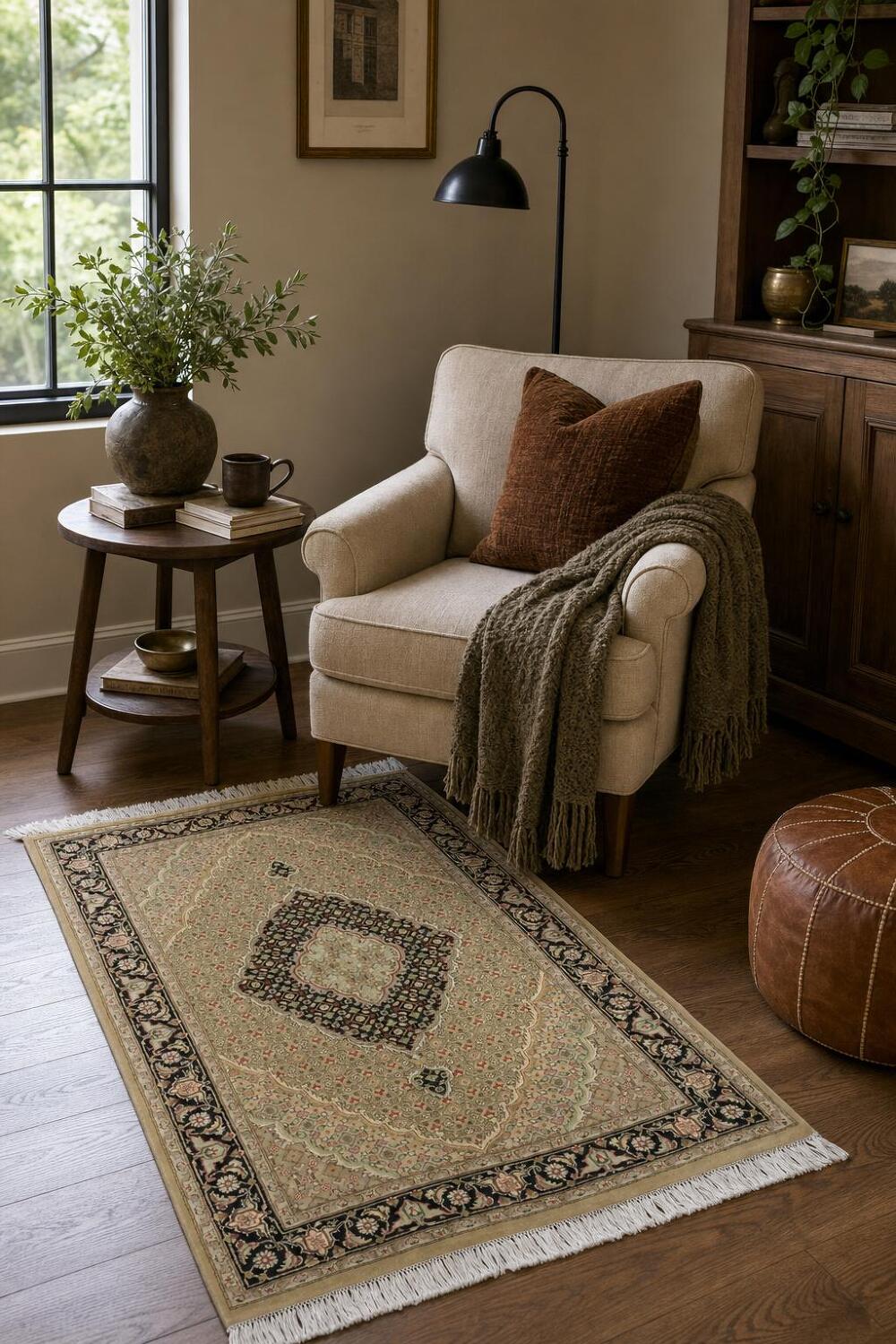 Vegetable Dye Wool/ Silk Tabriz Mahi Wool Rug 4x6