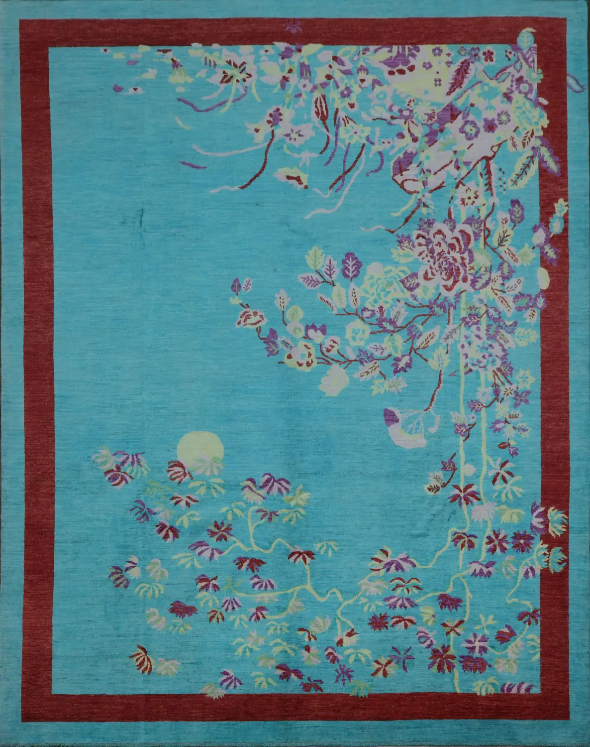 Vegetable Dye Turquoise Blue Art Deco Rug with Red Floral Accent 9x12