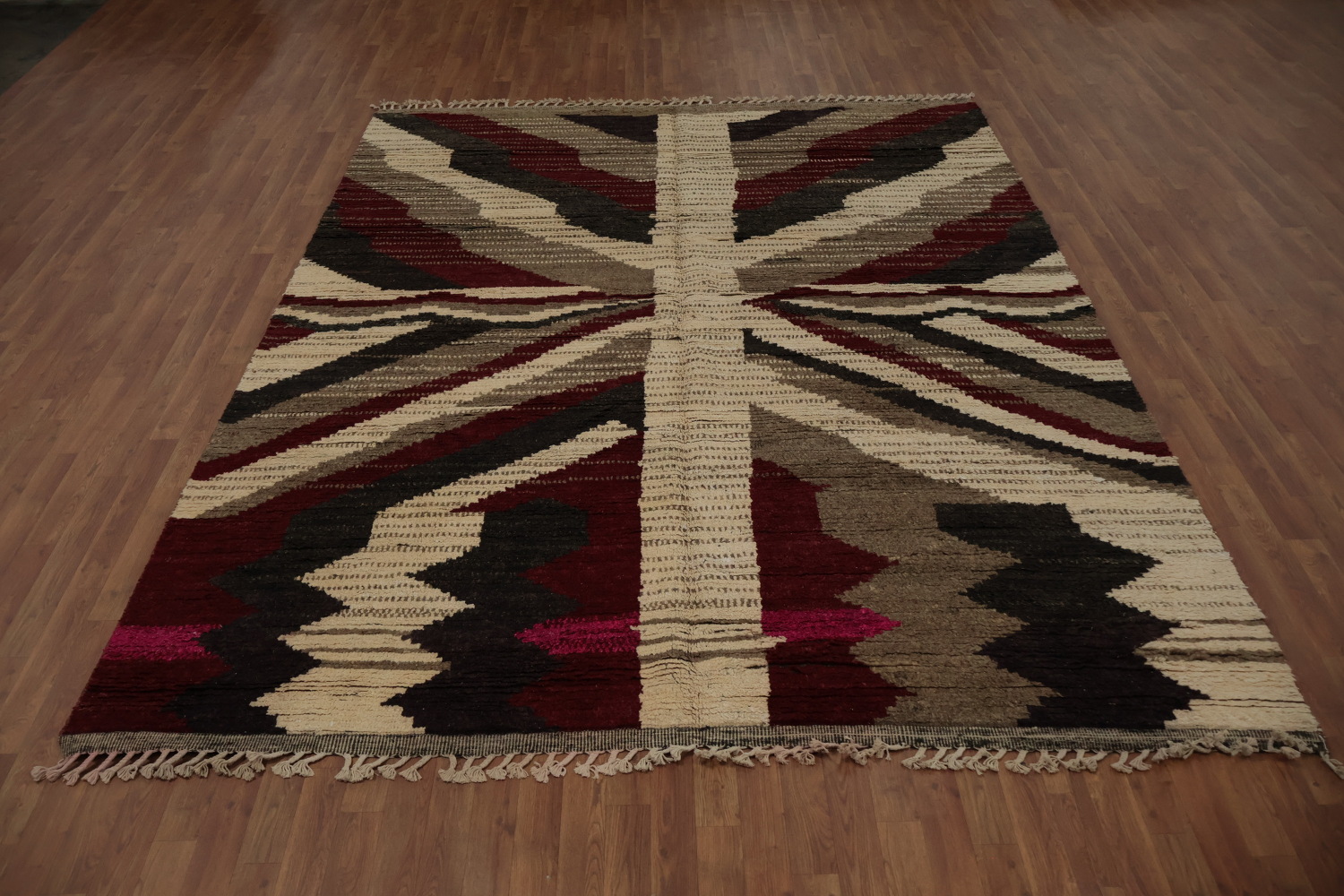 Stylish Blend Moroccan Wool Area Rug 8x11 with Shapes and Warm Hues