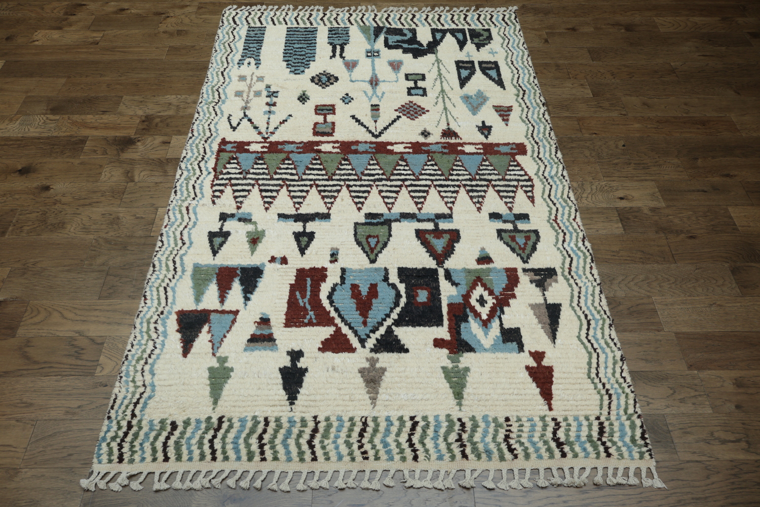 Southwestern Vibes White Moroccan with Colorful Geometric Pattern Wool Rug 6x9