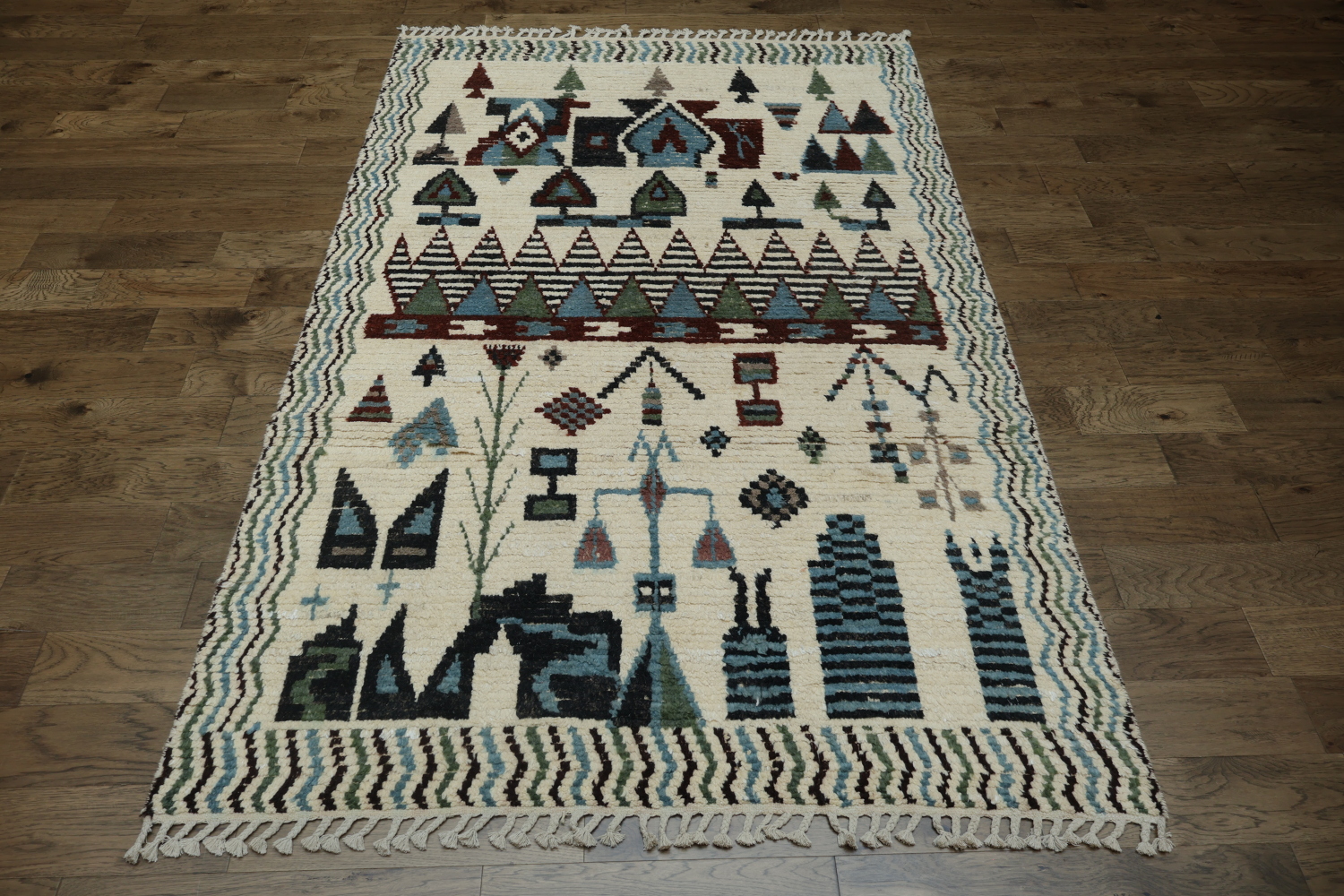 Southwestern Vibes White Moroccan with Colorful Geometric Pattern Wool Rug 6x9