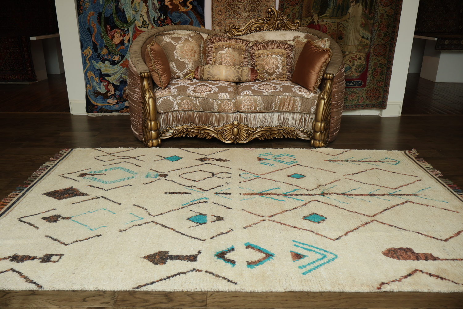 Moroccan Ivory and Turquoise Wool Rug with Bold Geometric Motifs 6x10