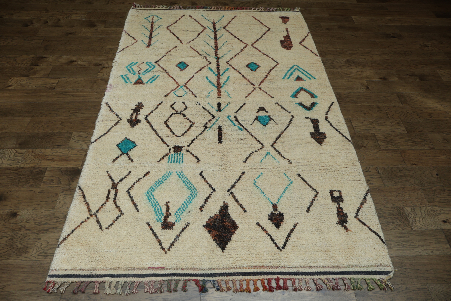 Moroccan Ivory and Turquoise Wool Rug with Bold Geometric Motifs 6x10