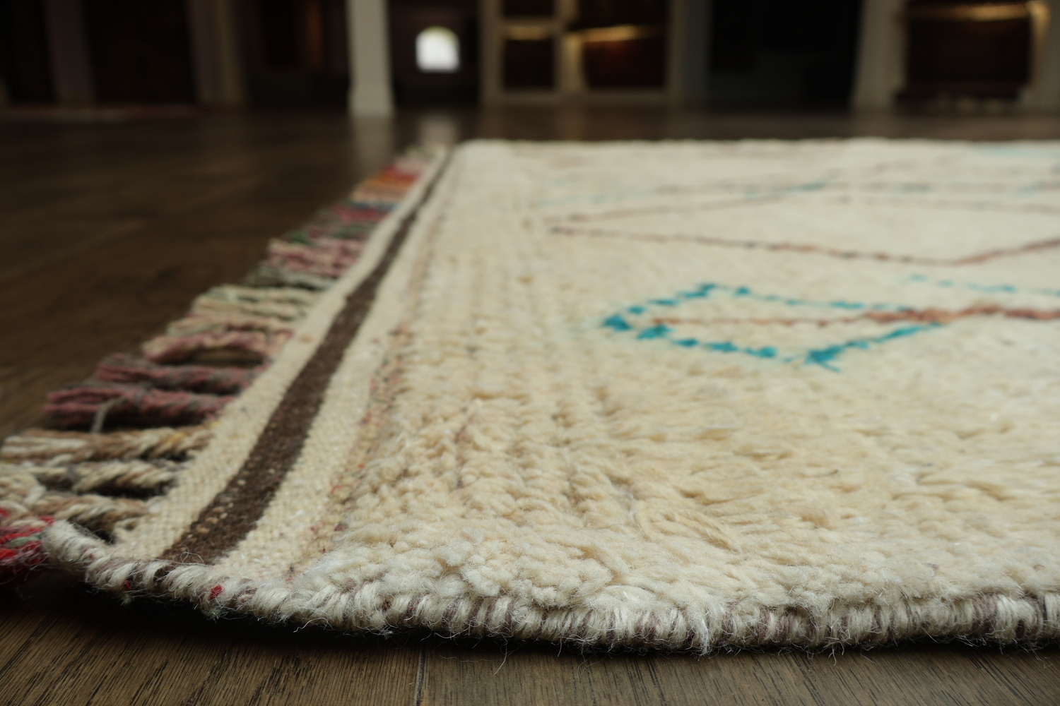 Moroccan Ivory and Turquoise Wool Rug with Bold Geometric Motifs 6x10