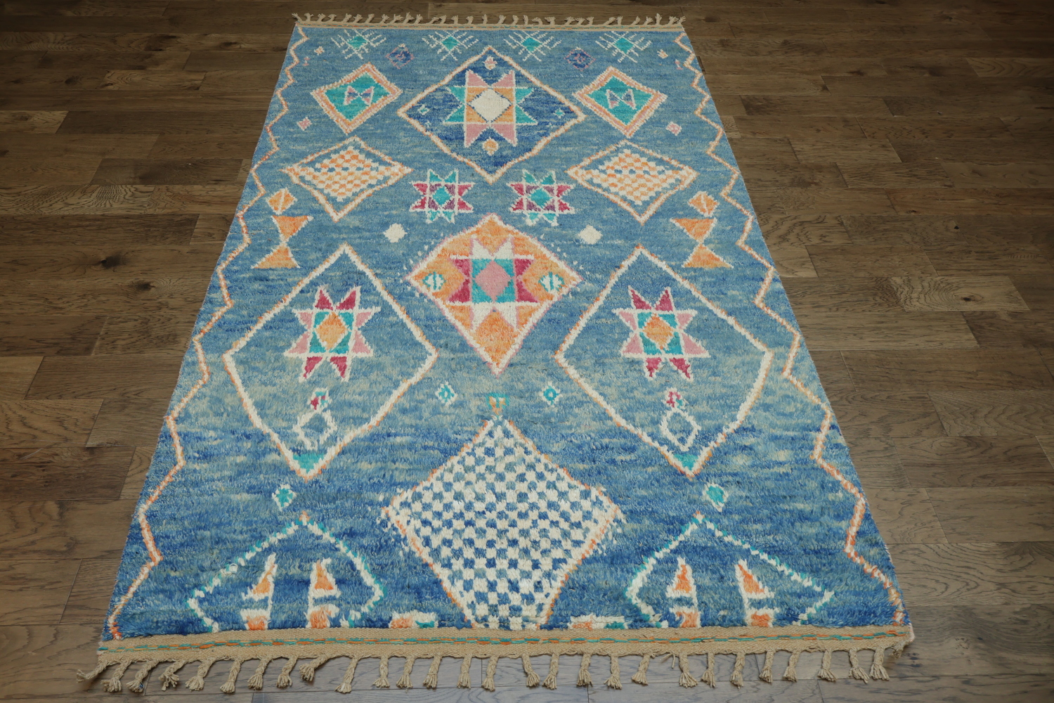 Artisanal Wool Blue Moroccan Rug Featuring Playful Diamond Shapes 6x10 ft