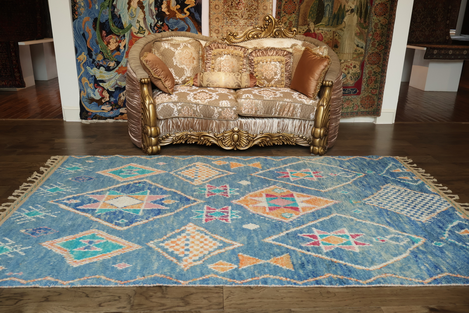 Artisanal Wool Blue Moroccan Rug Featuring Playful Diamond Shapes 6x10 ft