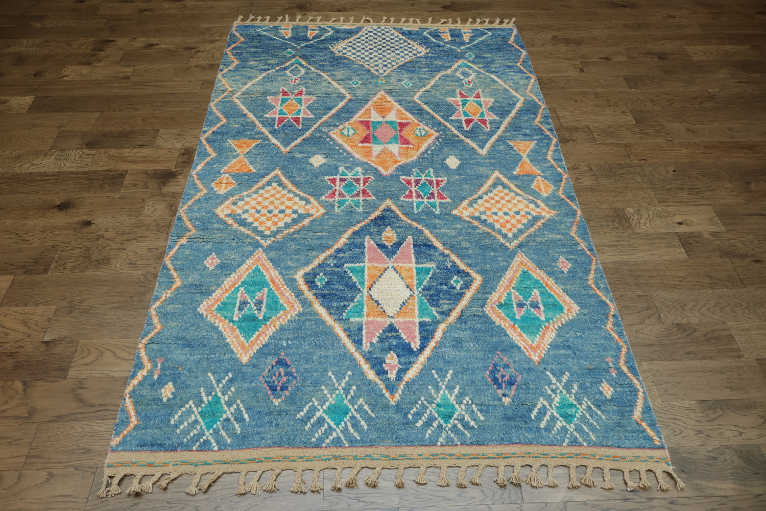 Artisanal Wool Blue Moroccan Rug Featuring Playful Diamond Shapes 6x10 ft