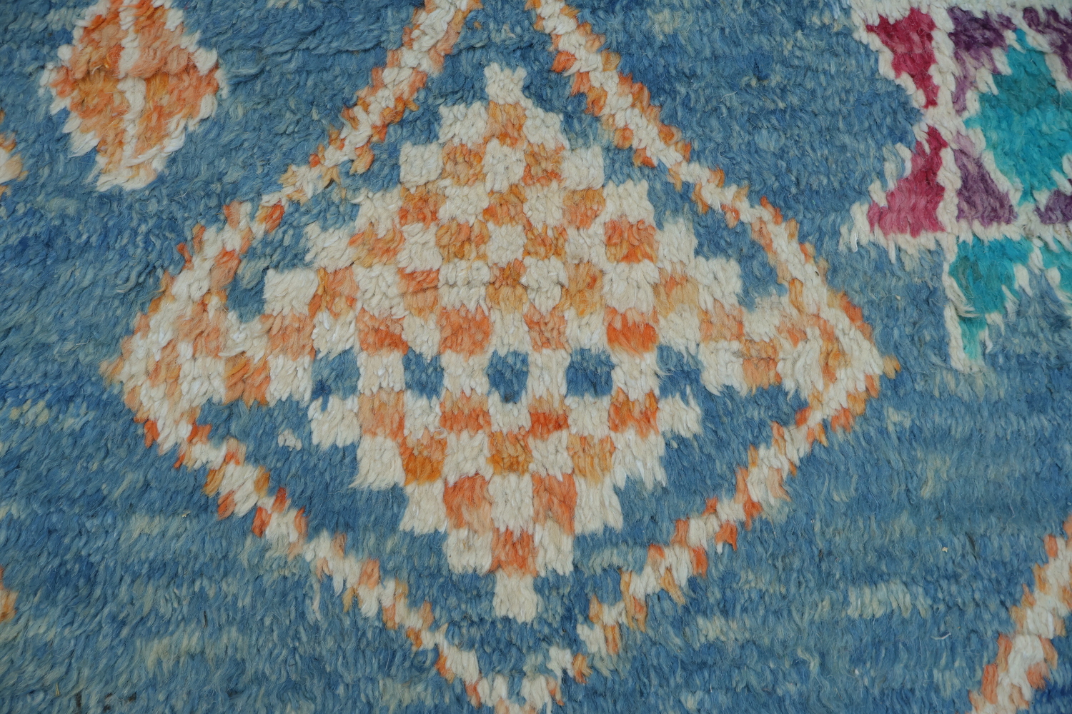 Artisanal Wool Blue Moroccan Rug Featuring Playful Diamond Shapes 6x10 ft