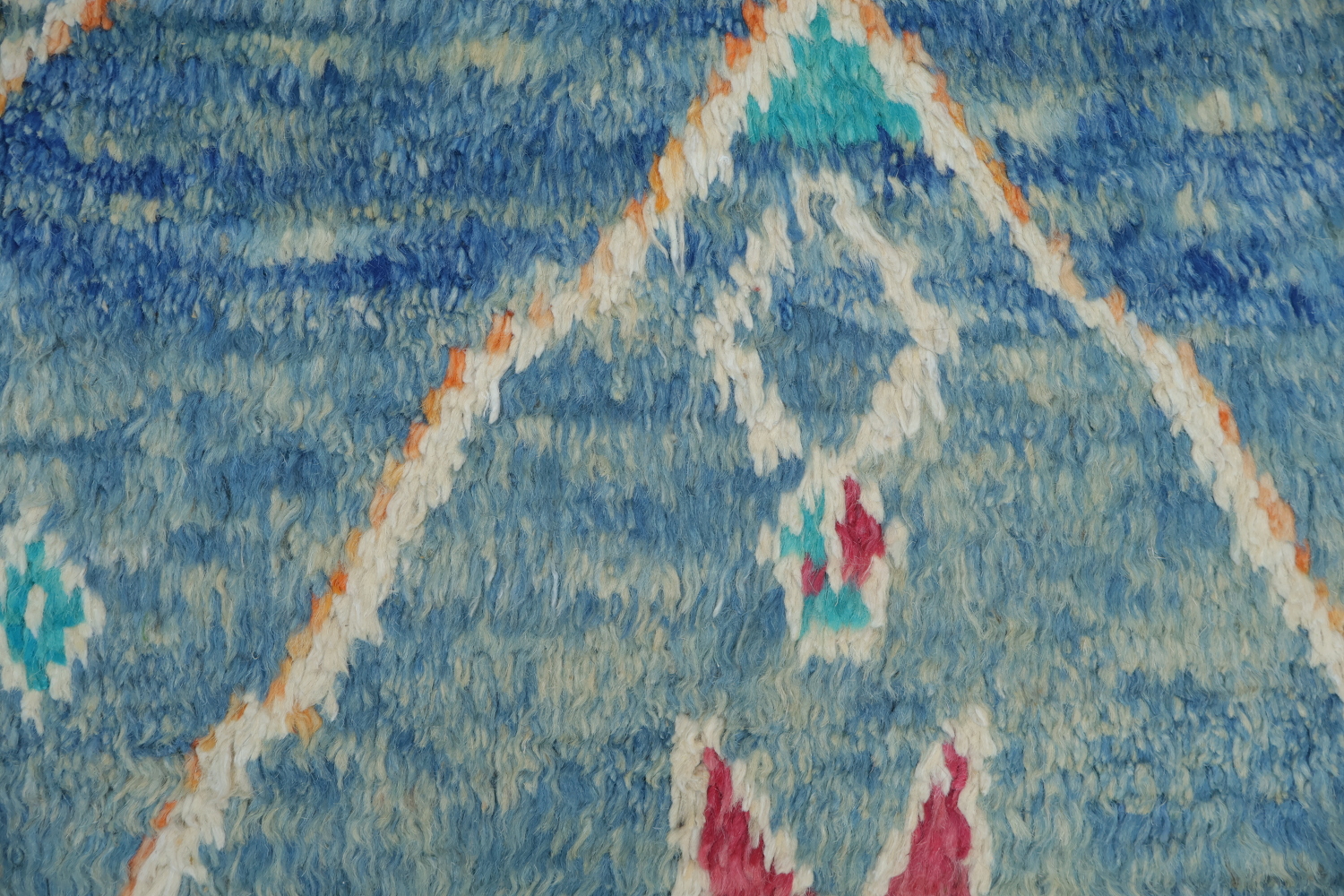 Artisanal Wool Blue Moroccan Rug Featuring Playful Diamond Shapes 6x10 ft