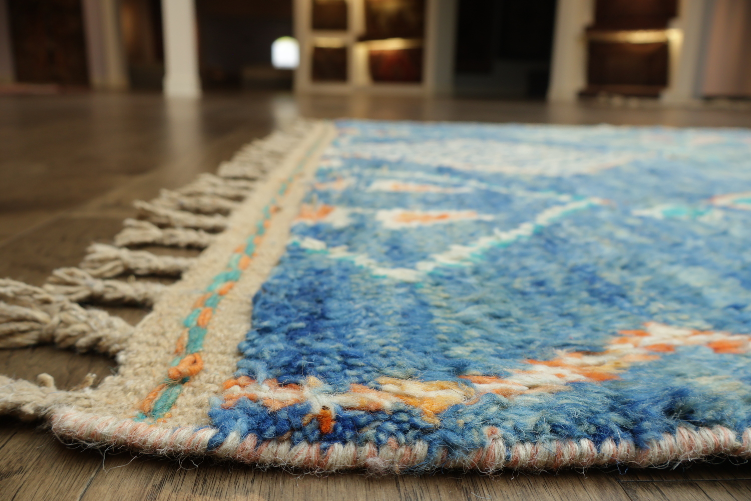 Artisanal Wool Blue Moroccan Rug Featuring Playful Diamond Shapes 6x10 ft