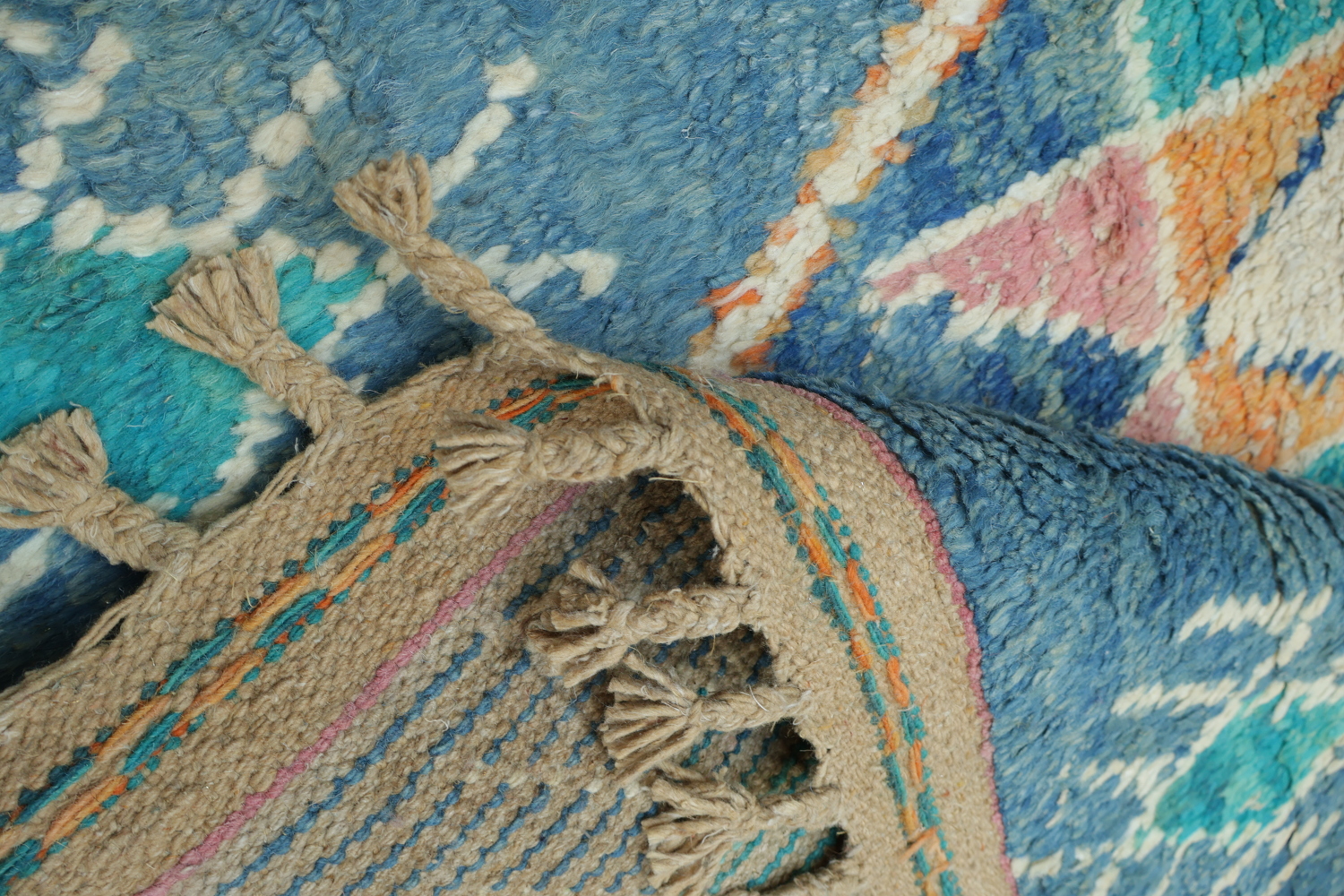Artisanal Wool Blue Moroccan Rug Featuring Playful Diamond Shapes 6x10 ft
