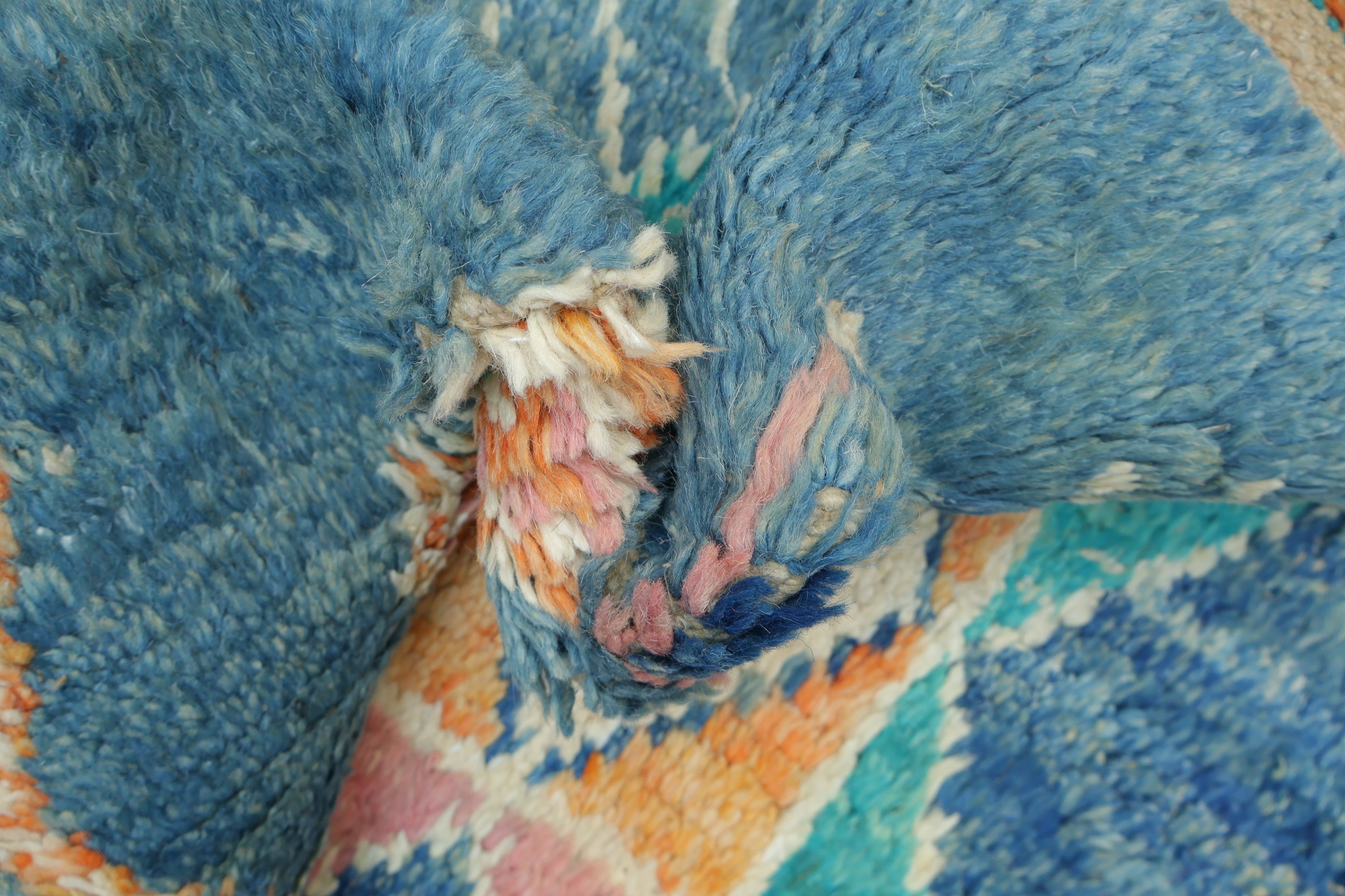 Artisanal Wool Blue Moroccan Rug Featuring Playful Diamond Shapes 6x10 ft