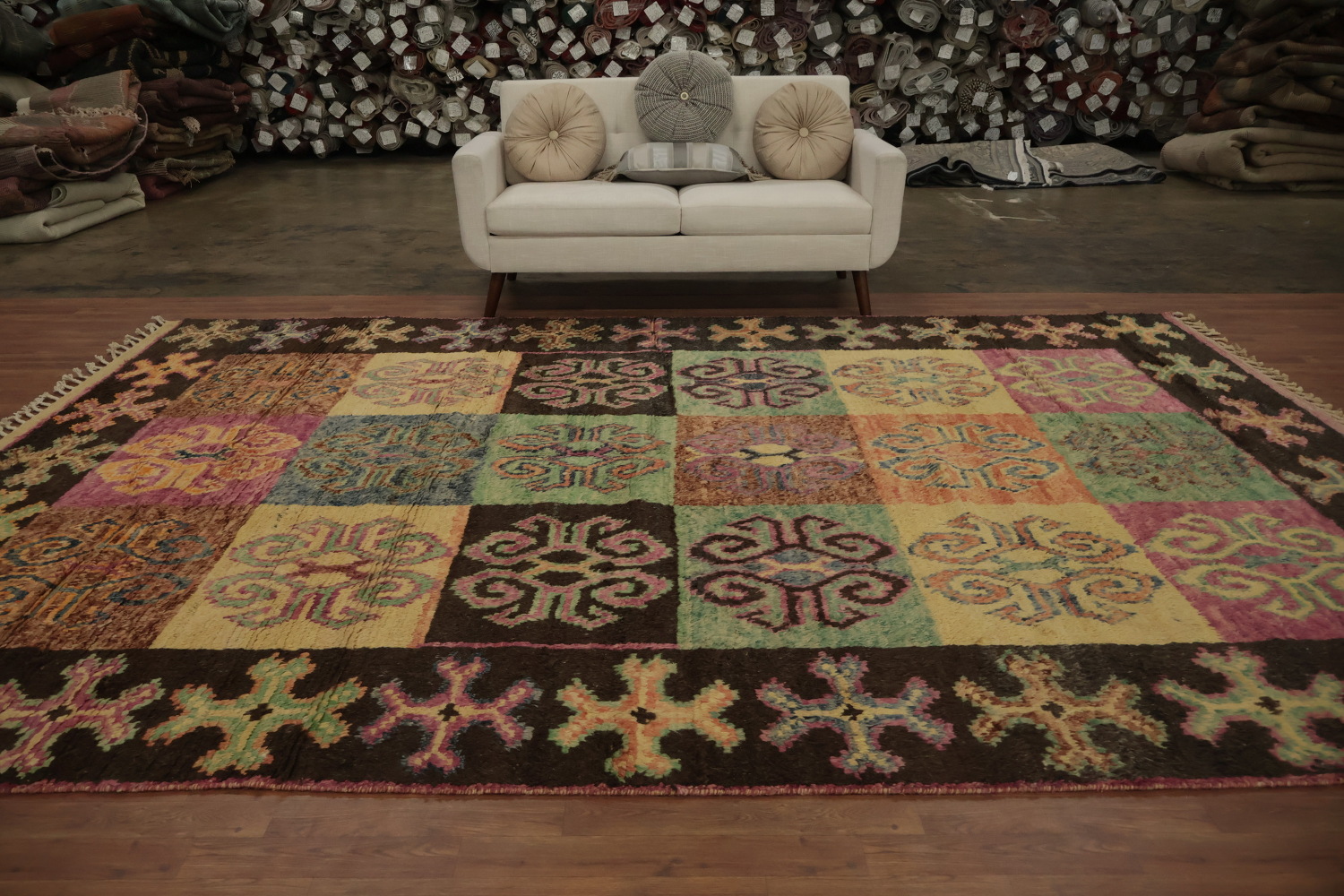 Decorative Moroccan Large Area Rug 9x13 with Multicolor Geometric Tiles