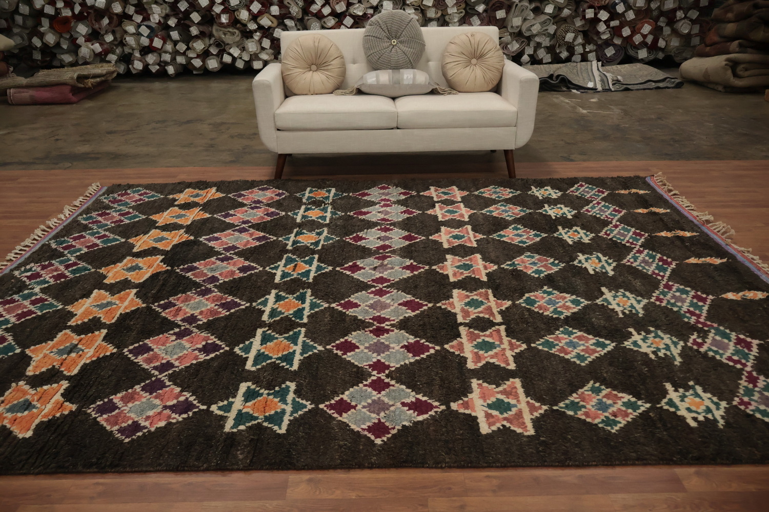 Colorful Star and Diamond Patterned Moroccan Wool Area Rug 8x11