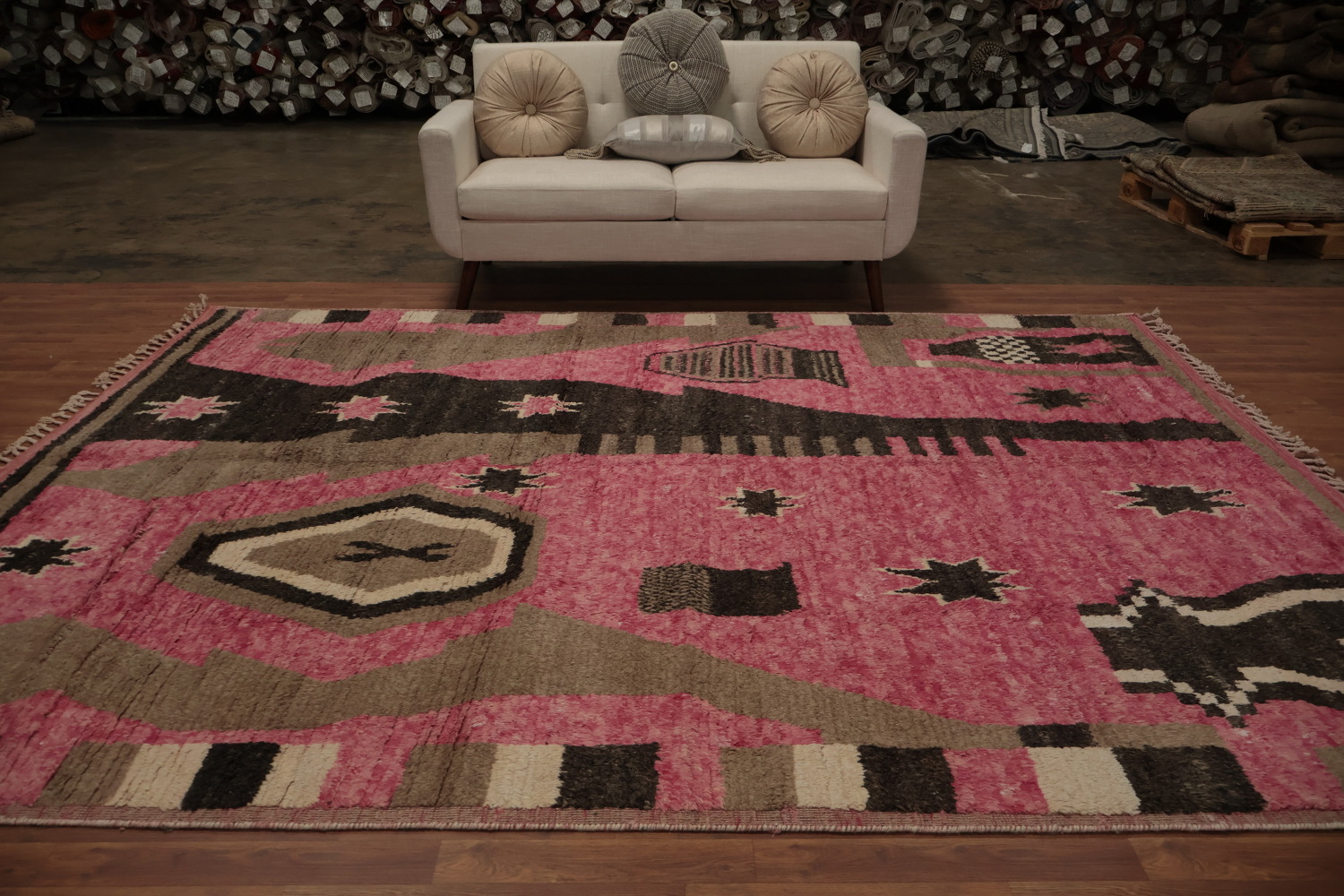 Stylish Pink Moroccan Handmade Area Rug 8x11 with Star Motifs