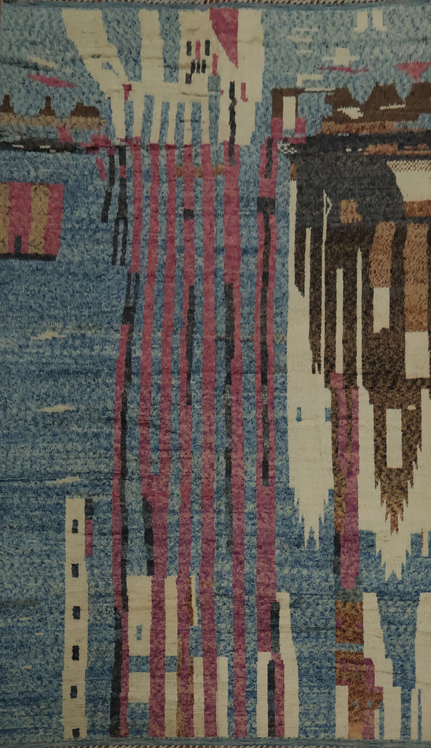 Abstract Cityscape-Inspired Moroccan Wool Handmade Rug 12x19