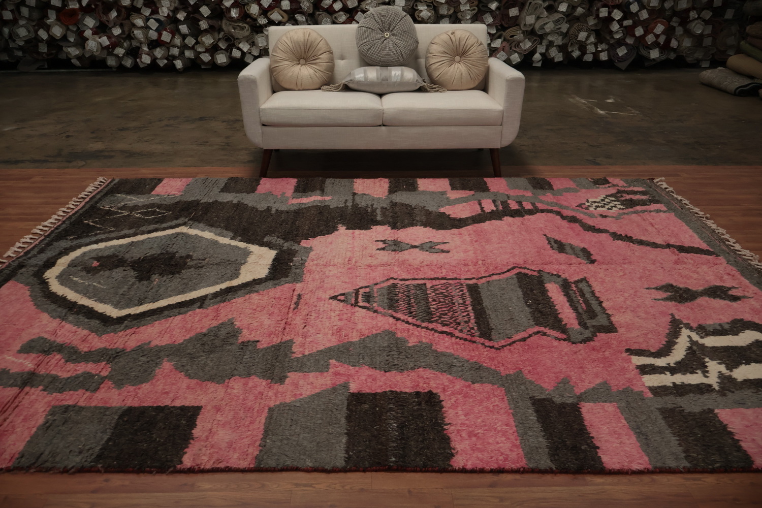 Modern Abstract Artistry in a Pink Geometric Moroccan Area Rug 8x11