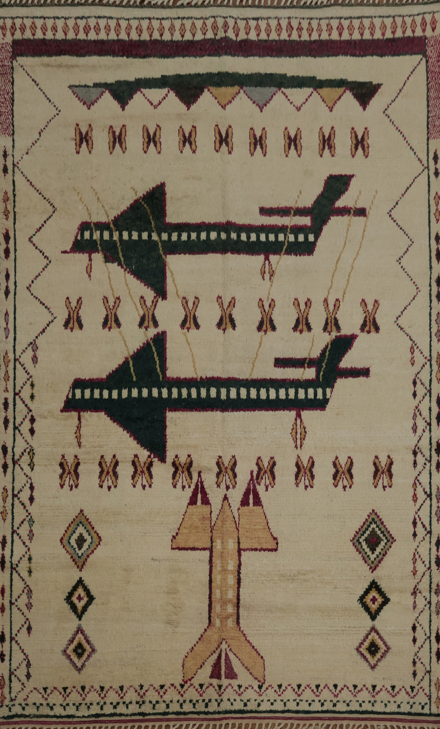 Artistic Moroccan Rug Displaying Geometric and Aviation Symbols 9x13