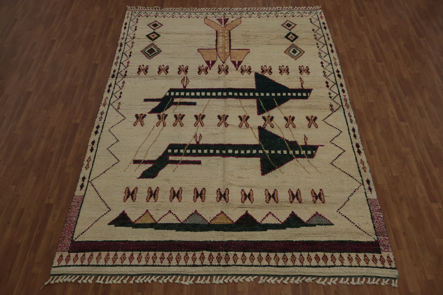 Artistic Moroccan Rug Displaying Geometric and Aviation Symbols 9x13