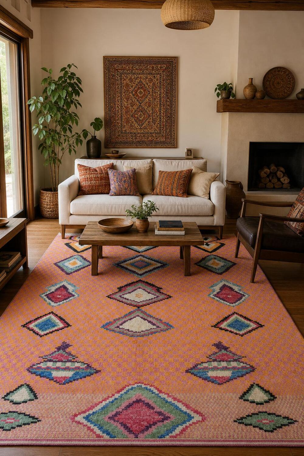 Pink and Orange Abstract Moroccan Handmade Area Rug 6x10 ft
