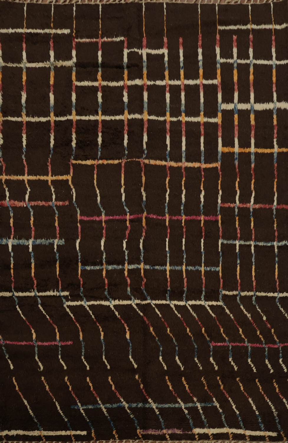 Earthy Brown Moroccan Area Rug 8x10 with Lines and Colorful Touches