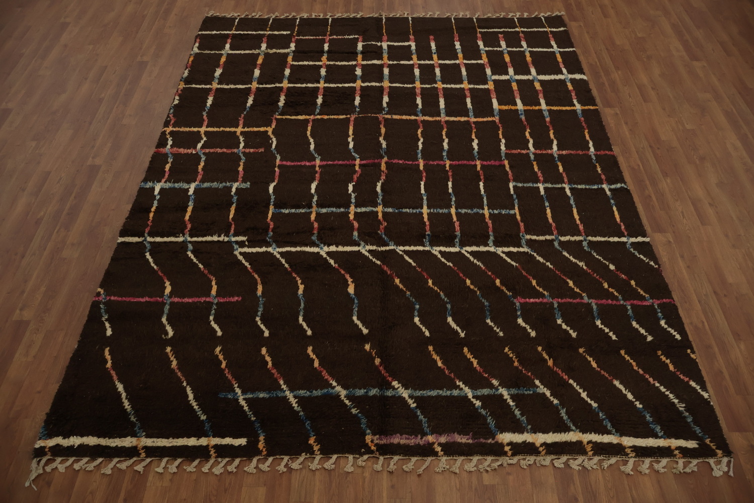 Earthy Brown Moroccan Area Rug 8x10 with Lines and Colorful Touches