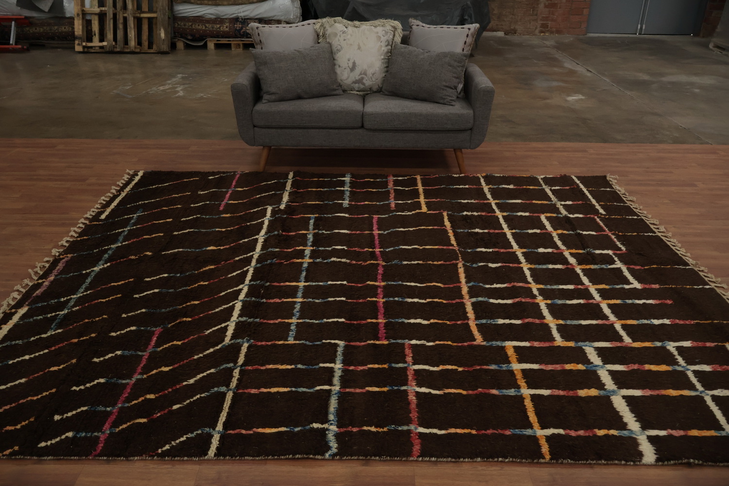 Earthy Brown Moroccan Area Rug 8x10 with Lines and Colorful Touches