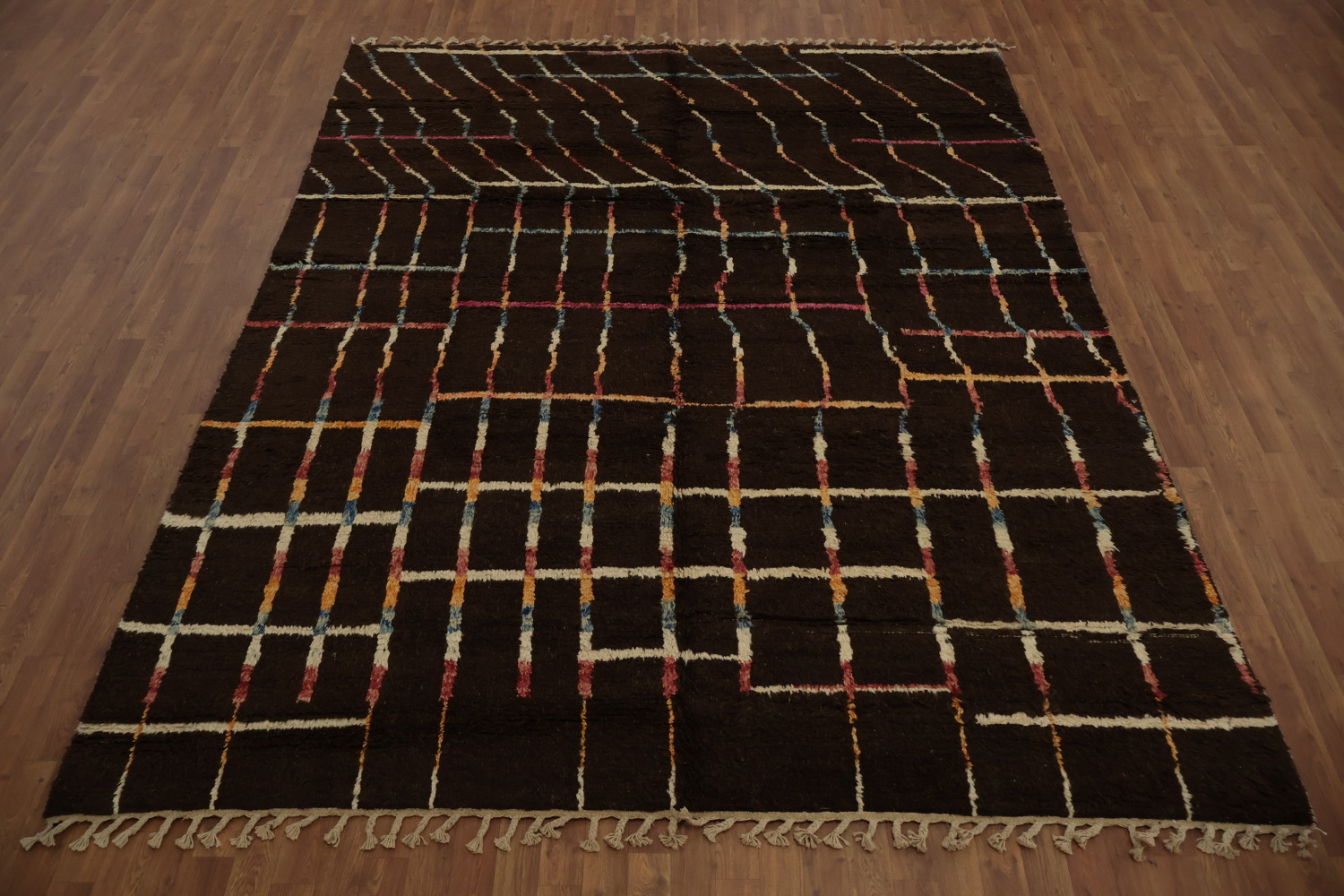 Earthy Brown Moroccan Area Rug 8x10 with Lines and Colorful Touches