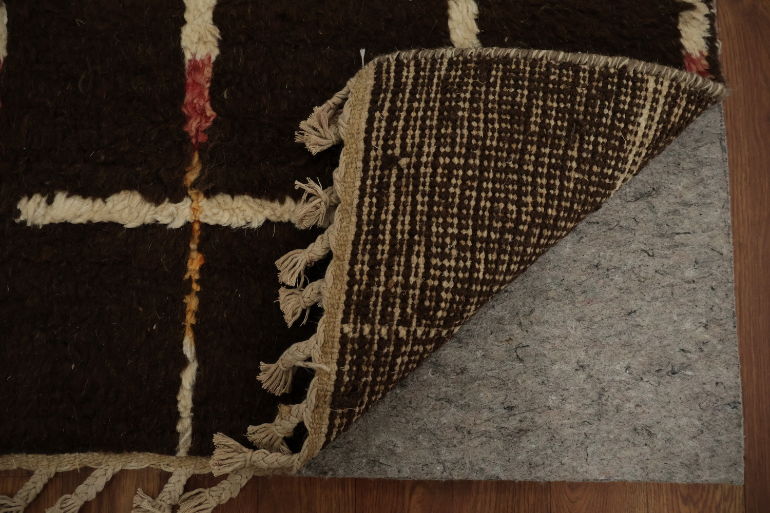 Earthy Brown Moroccan Area Rug 8x10 with Lines and Colorful Touches