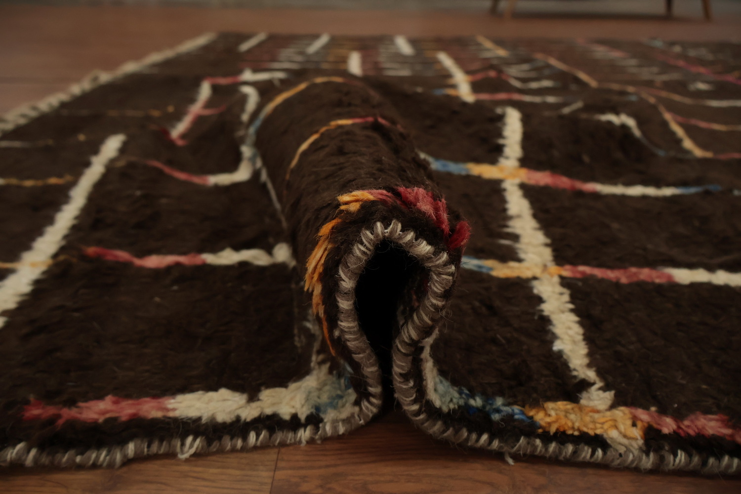 Earthy Brown Moroccan Area Rug 8x10 with Lines and Colorful Touches