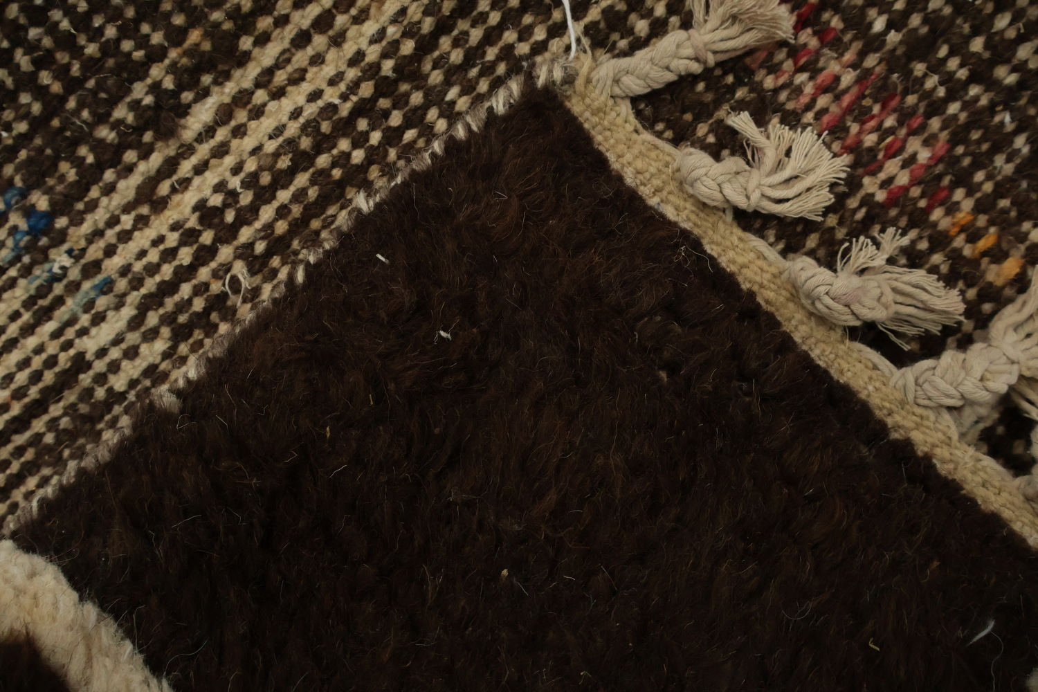 Earthy Brown Moroccan Area Rug 8x10 with Lines and Colorful Touches