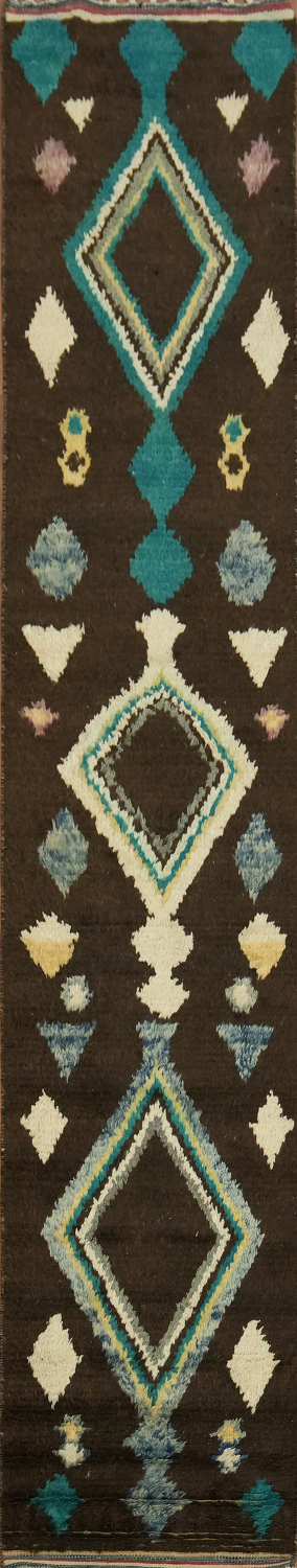 Geometric Patterned Moroccan Runner Rug with Vibrant Teal and Cream Accents 12' 10'' X 2' 5''