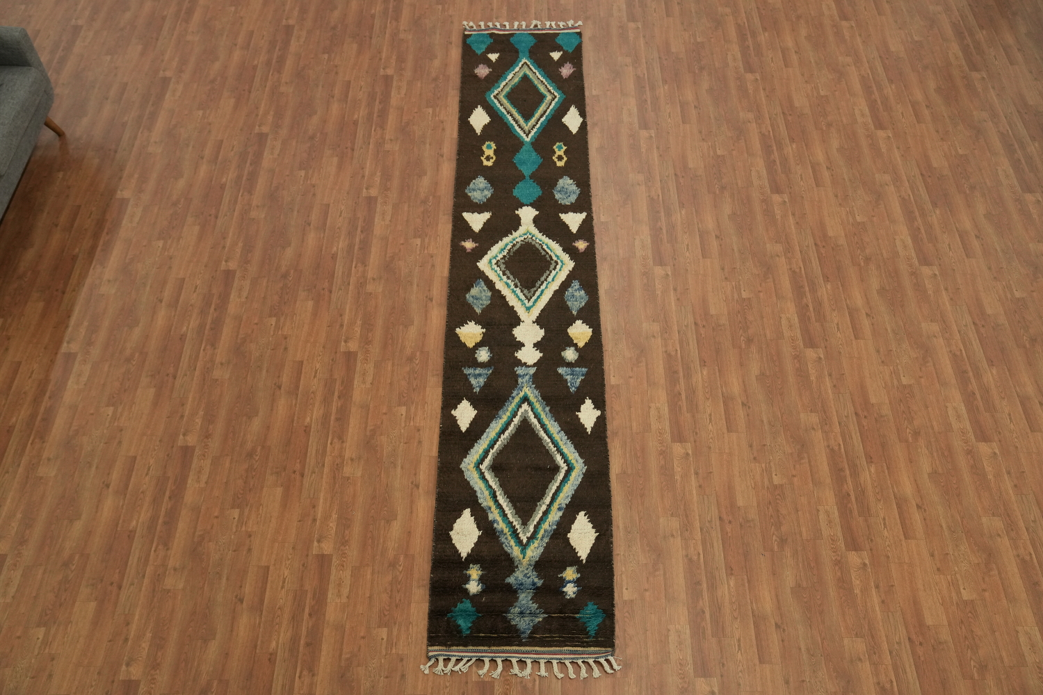 Geometric Patterned Moroccan Runner Rug with Vibrant Teal and Cream Accents 12' 10'' X 2' 5''