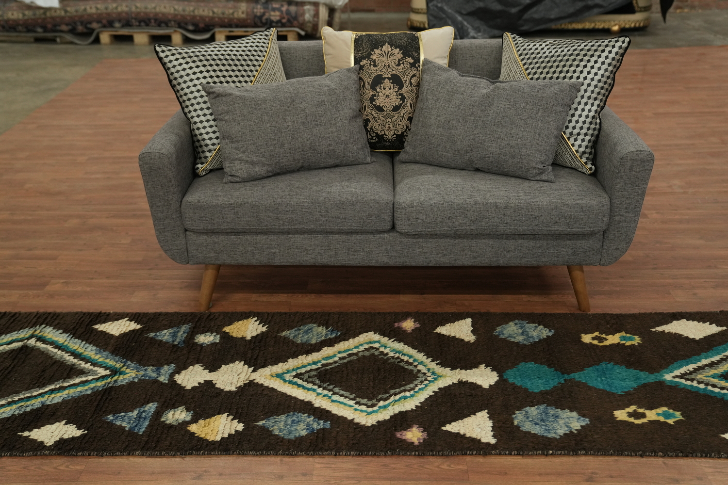 Geometric Patterned Moroccan Runner Rug with Vibrant Teal and Cream Accents 12' 10'' X 2' 5''