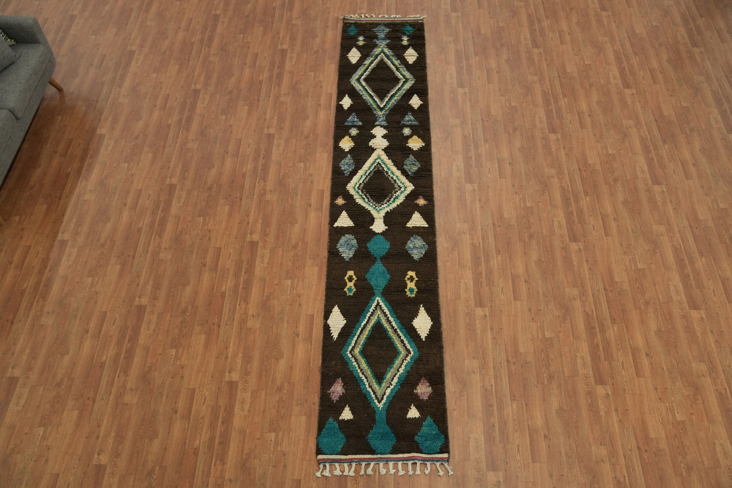 Geometric Patterned Moroccan Runner Rug with Vibrant Teal and Cream Accents 12' 10'' X 2' 5''