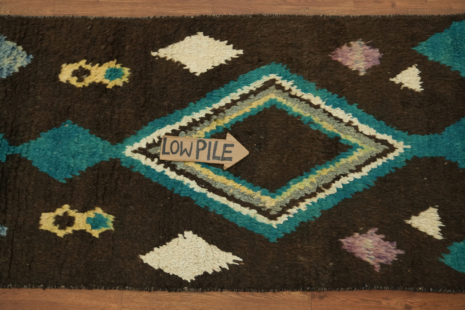 Geometric Patterned Moroccan Runner Rug with Vibrant Teal and Cream Accents 12' 10'' X 2' 5''