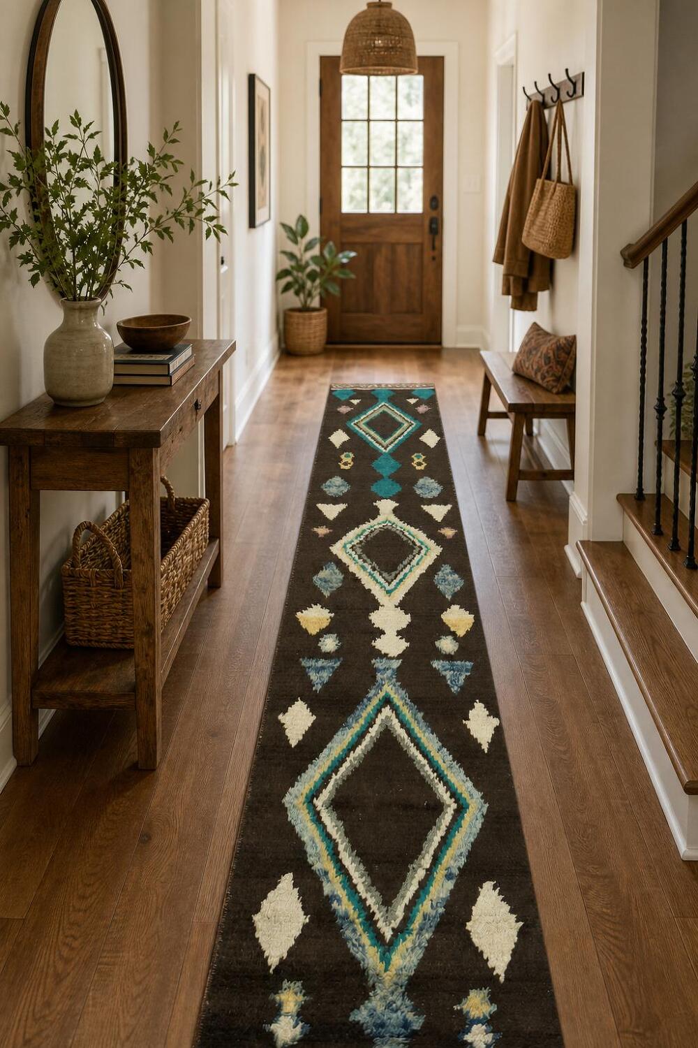 Geometric Patterned Moroccan Runner Rug with Vibrant Teal and Cream Accents 12' 10'' X 2' 5''