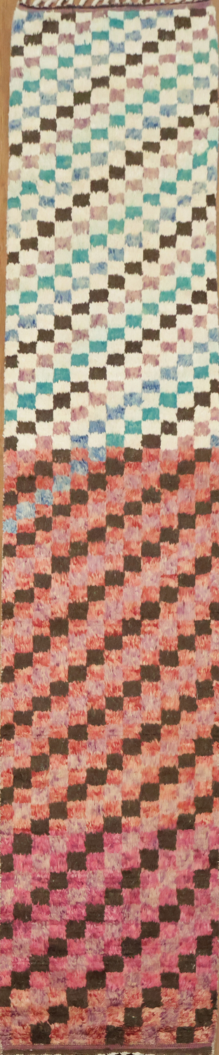 Checkered Moroccan Handmade Runner Rug 3x13